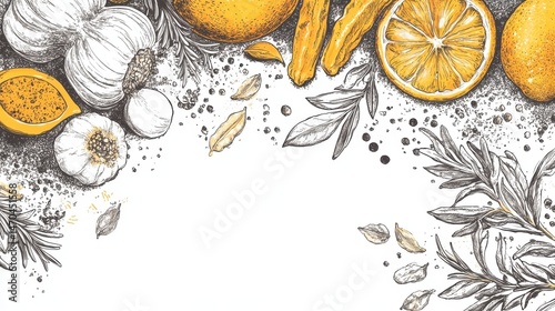 Hand drawn herbs and spices background. Vintage organic indian kitchen and asian spices vector cooking concept. Ingredient for cooking, spice and herb, rosemary and cardamom illustration illustration