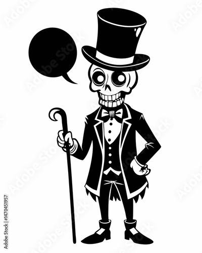 Elegant Skeleton Gentleman in Top Hat with Cane and Speech Bubble