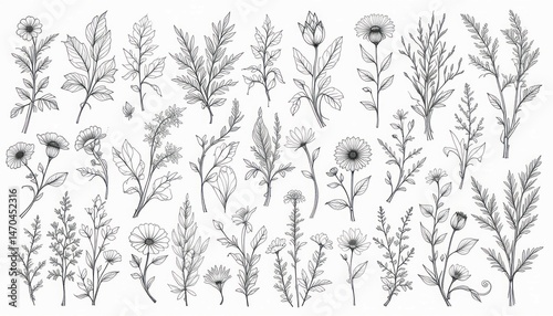 Wallpaper Mural Botanical Sketch Elegance: Diverse Collection of Delicate Line Art Flora for Artistic Creations and Ornamental Designs Torontodigital.ca