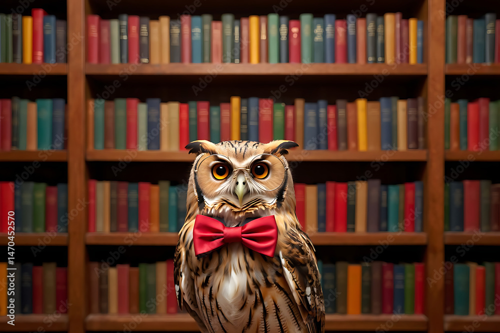 Obraz premium Sophisticated Owl in a Red Bow Tie: Wise and Stylish in a Bookshelf Setting