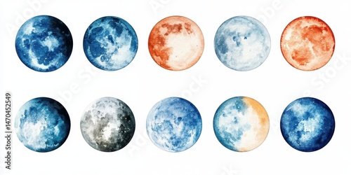 Wallpaper Mural Colorful Watercolor Moon Set with Stars and Comets: Isolated Modern Space Elements for Creative Decoration Torontodigital.ca