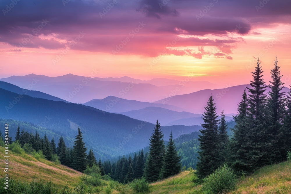 Obraz premium Twilight Bliss: Colorful Clouds Above Pine Tree Silhouettes in the Carpathians
