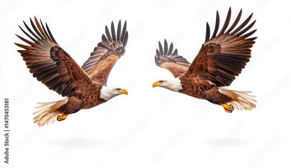 Fototapeta premium Majestic Bald Eagles in Flight with Wings Spread Wide Against a Crisp White Background