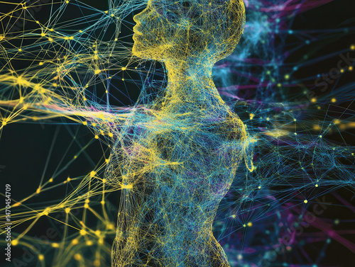 Abstract artificial intelligence visualization, glowing electric blue and neon yellow dots forming complex fractal-like structures, futuristic cyber grid, holographic UI elements, intense neon hues 