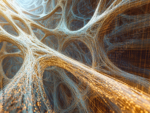 Abstract artificial intelligence visualization, glowing electric blue and neon yellow dots forming complex fractal-like structures, futuristic cyber grid, holographic  