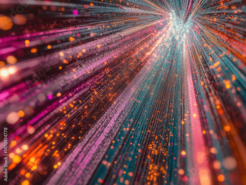 Abstract artificial intelligence visualization, glowing multicolored dots forming complex fractal-like structures, futuristic cyber grid, holographic UI elements, intense neon hues of pink 