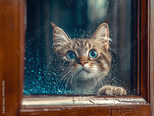 Close-up of a curious cat staring out of a rainy window, water droplets on glass, soft natural backlight, sharp focus on cat