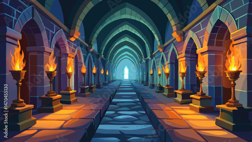 
Long medieval castle corridor with arches lit by candles, evokes mystery. Dark dungeon tunnel interior, stone walls, fantasy background, endless ancient catacombs. Mystical, scary, horror