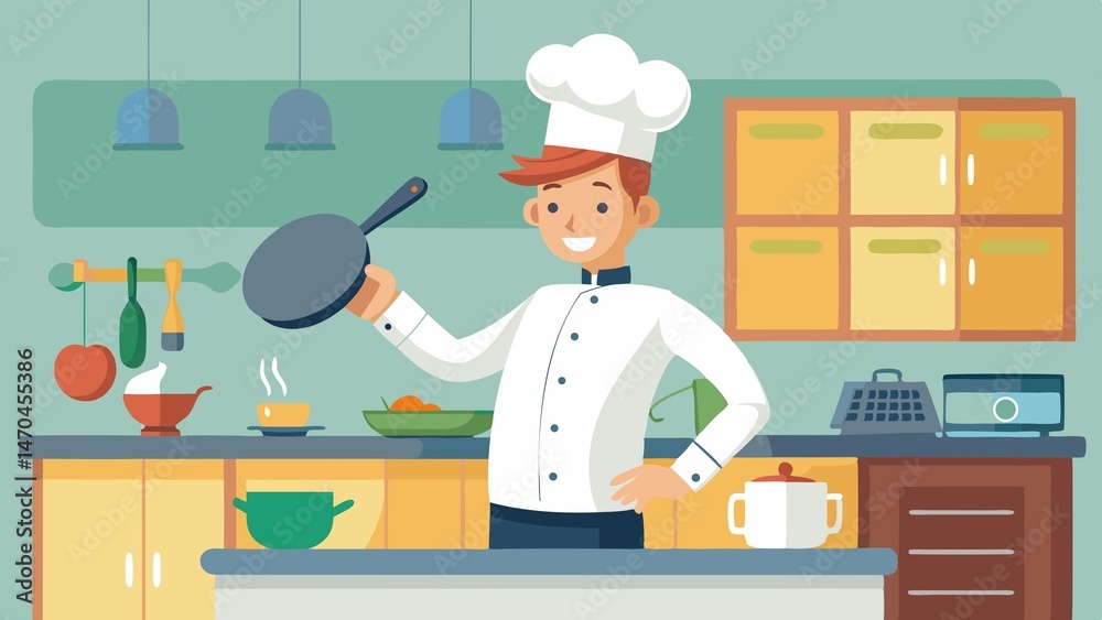 Cheerful Chef In Kitchen Preparing Food With Frying Pan Illustration Cheerful Chef In Kitchen Preparing Food With Frying Pan Illustration