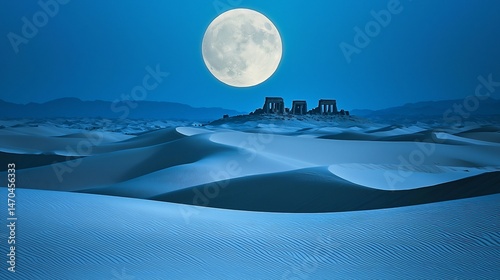 Moonlit desert vast dunes ancient ruins rising above the sand cinematic serene solitude