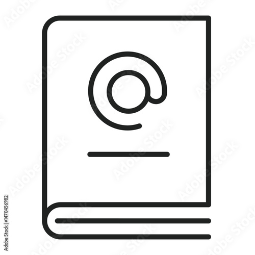 Simple book icon shows an email address symbol on its cover in black outline on white background, ready for learning.