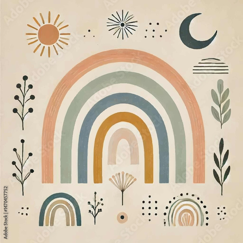 Abstract contemporary aesthetic background with Moon phases and palm leaves. Earth tones, terracotta colors. Boho wall decor. Mid century modern minimalist art print. Boho Artwork .Mid Century Modern 