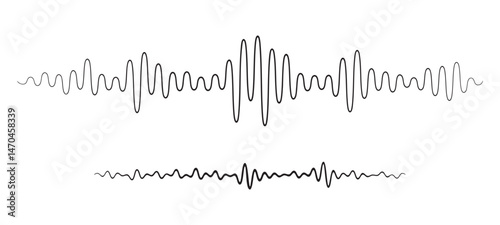 Black thin lines sound waves flow isolated on a white background. Waveform patterns are simple curves for music, audio, podcasts, or voice message concepts. Vector illustration