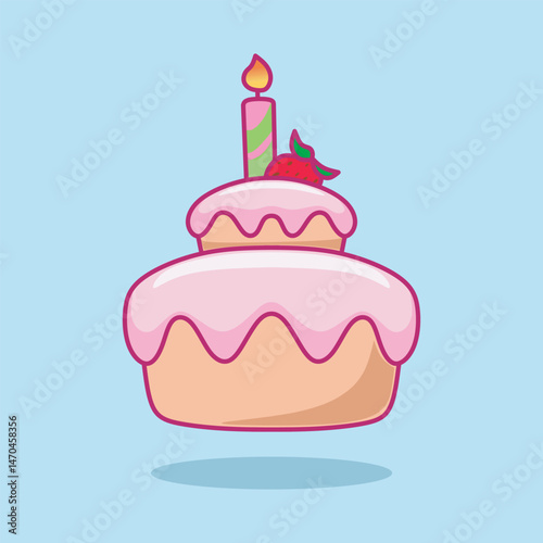 Cute birthday cake with candles isolated on background. Vector illustration of holiday dessert decorated with pink cream.