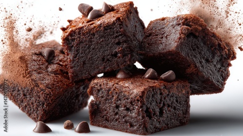 Flying pieces of chocolate brownies isolated on background