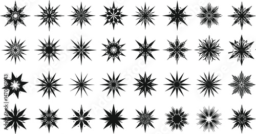 Collection of different vector sparkling stars icon, decorative twinkle and bursts forms, abstract shining flash symbols, glowing light effect, y2k style basic