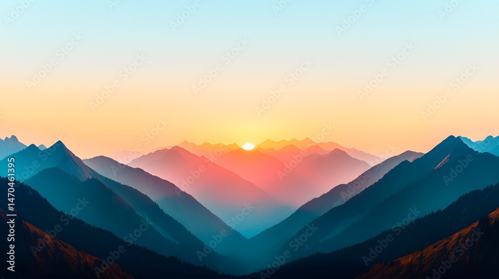 Sunrise Silhouette of Mountain Valley Against Pale Sky Sunrise Silhouette of Mountain Valley Against Pale Sky