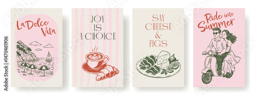 Colorful Italian-themed posters with sketches of coast, food, coffee, figs, and a couple on a scooter. Mediterranean summer vibes, retro hand-drawn illustrations, travel and lifestyle concept, vector