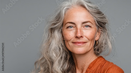 Portrait of friendly senior woman smiling with gray hair, isolated on background