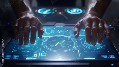 Fototapeta Naklejka Na Ścianę i Meble -  Mission specialist hand controlling space launch sequence console tablet holographic spacecraft dashboard of orbital path launch code satellite communication floating above device futuristic control