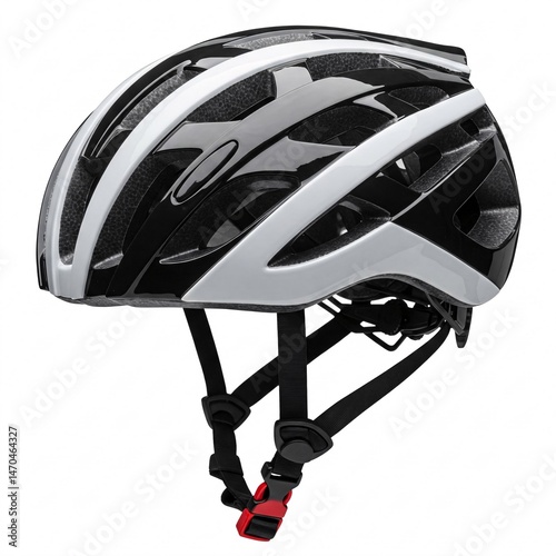 Black and white bicycle helmet with ventilation holes, isolated on white background. photo