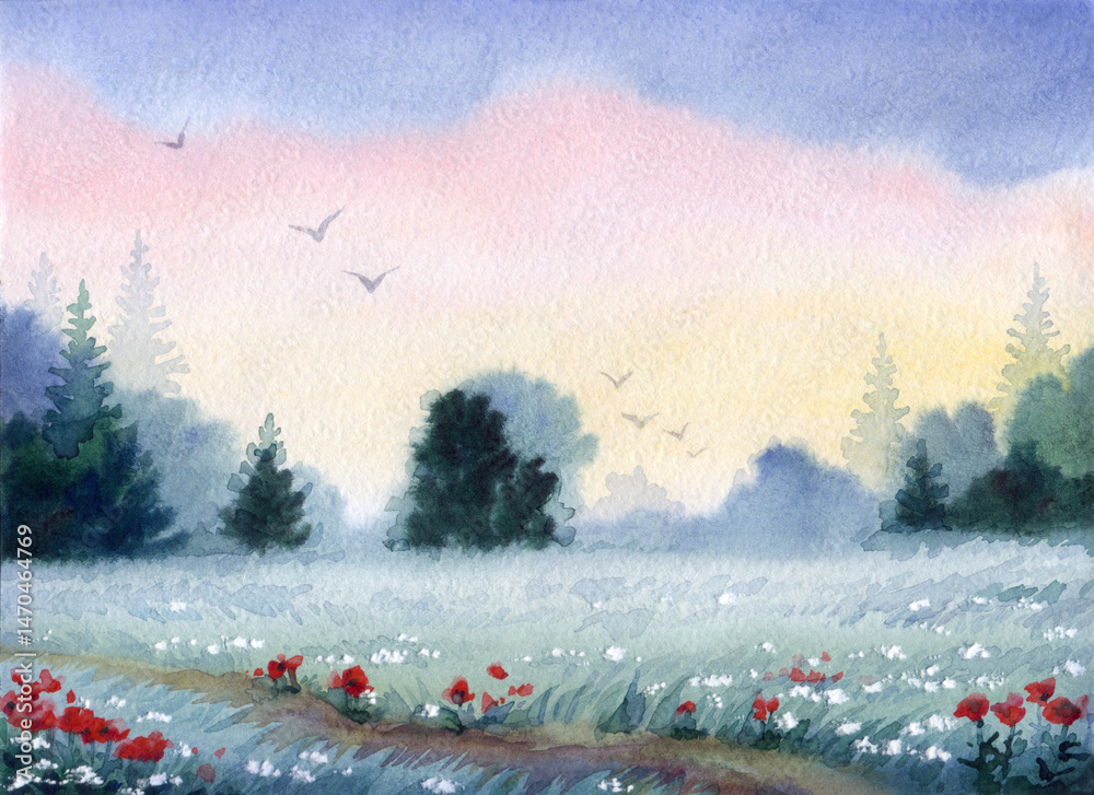Obraz premium Watercolor landscape. Morning on a summer meadow