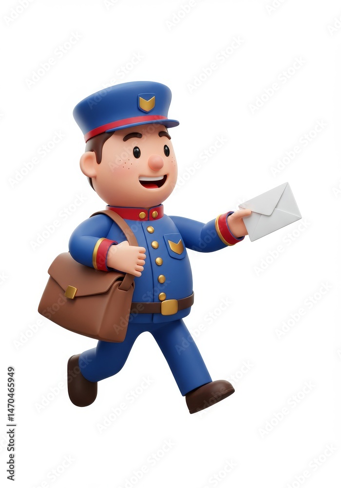 3D Cartoon Speedy Mail Delivery Cartoon Character - A cheerful cartoon mail carrier, running, delivering letters, symbolizes speed, communication, efficiency, service, and connection 3D Cartoon Speedy Mail Delivery Cartoon Character - A cheerful cartoon mail carrier, running, delivering letters, symbolizes speed, communication, efficiency, service, and connection