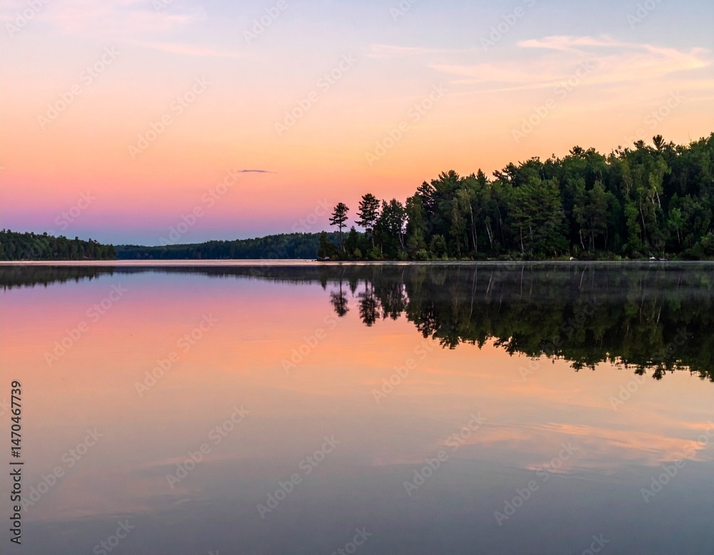 Fototapeta premium A mirror-like lake reflecting soft pink and orange hues of early morning sky, with