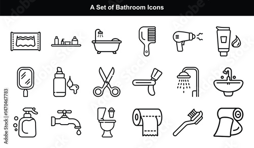 Bathroom Item Icon Set Hygiene, Toiletries, and Personal Care Items in Outline Style