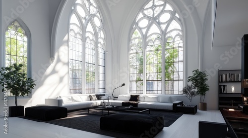 Photorealistic, large Gothic windows in the living room of an old church converted into a modern home 
