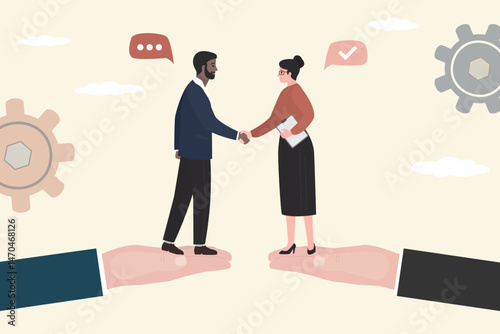 Partners handshake, agreement. Giant hands hold business people making deal. Online platform or service for b2b communication.