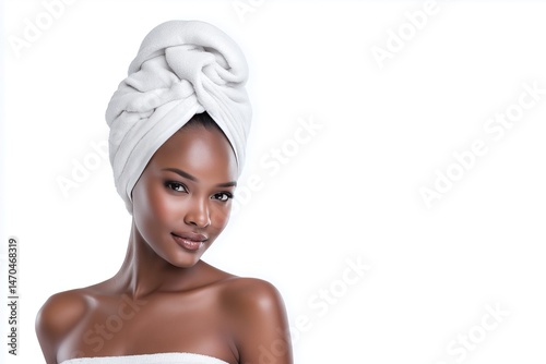 Elegant African woman with towel on head on a white background