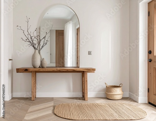 A premium home entryway with a narrow wooden console table, a large arched mirro