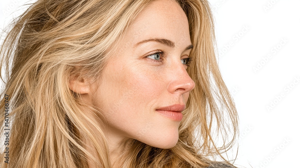 Close-up profile side view of a beautiful blonde woman, isolated on background Close-up profile side view of a beautiful blonde woman, isolated on background