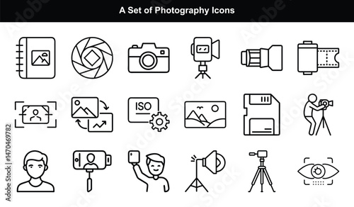 Outline Photography Icon Set Camera, Lens, Tripod, Floppy Disk, and More on White