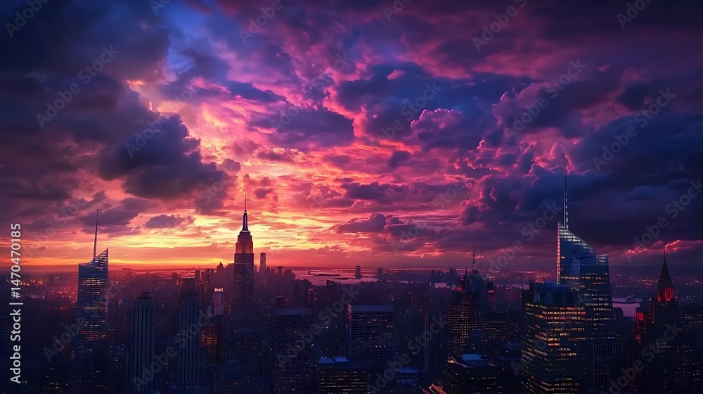 Naklejka premium City skyline view at dusk with colorful clouds high resolution picture