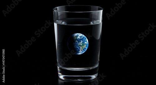 Earth Reflected in Water Glass Against Black Background  