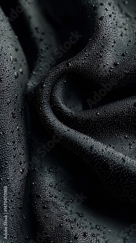 Close-up shot showcasing the textured surface of dark, water-droplet-covered fabric