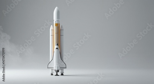 Rocket launch vehicle ready for liftoff against a neutral background  
