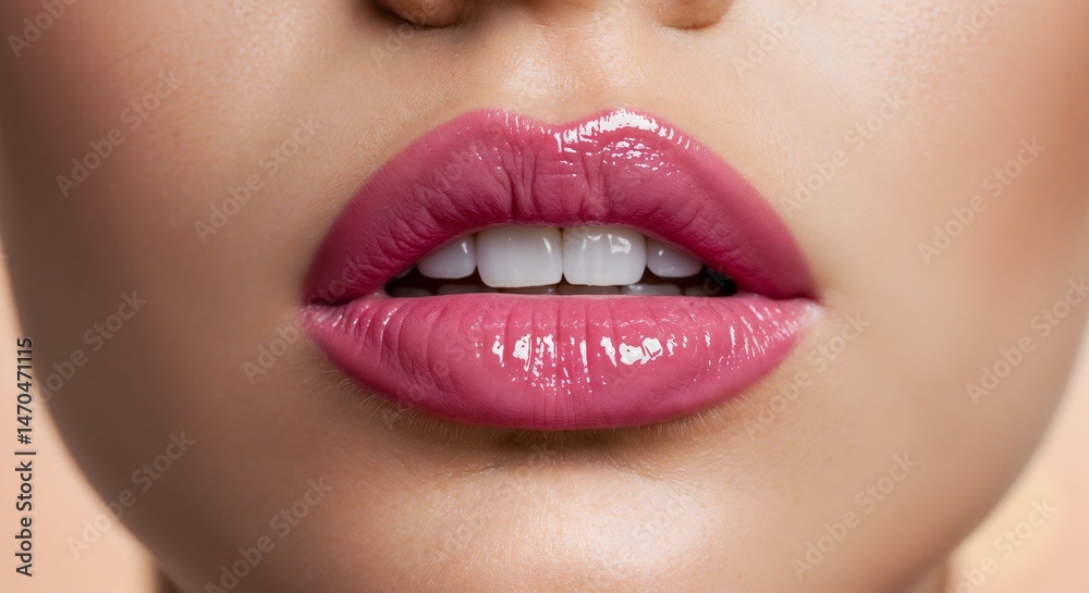 Fototapeta premium Close-up of glossy pink lips with natural skin