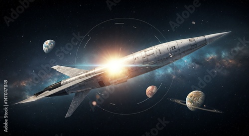 Space rocket soaring through galaxies with planets in background  