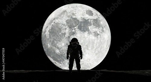 Astronaut standing on moon surface against a full moon backdrop  
