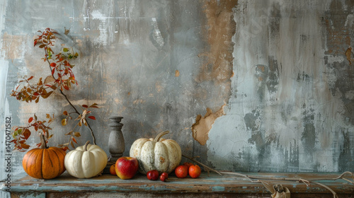 Rustic autumn still life pumpkins apples gourds harvest thanksgiving decor