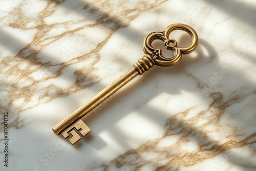 Antique gold key rests on marble surface, bathed in sunlight, suggesting secrets and access.