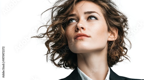 A businesswoman captured in a side profile, her eyes filled with determination, isolated on background