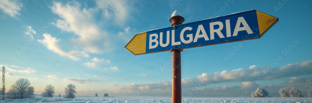 on the pole there is a direction arrow with the inscription Bulgariaagainst the background of a picturesque winter landscape