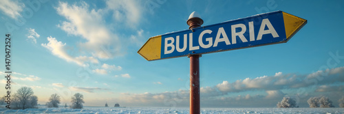 Obraz na płótnie on the pole there is a direction arrow with the inscription Bulgariaagainst the background of a picturesque winter landscape
w salonie