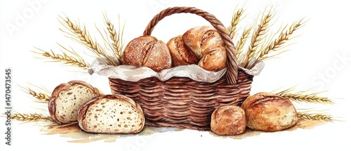 Artisanal bread and wheat a cozy watercolor still life