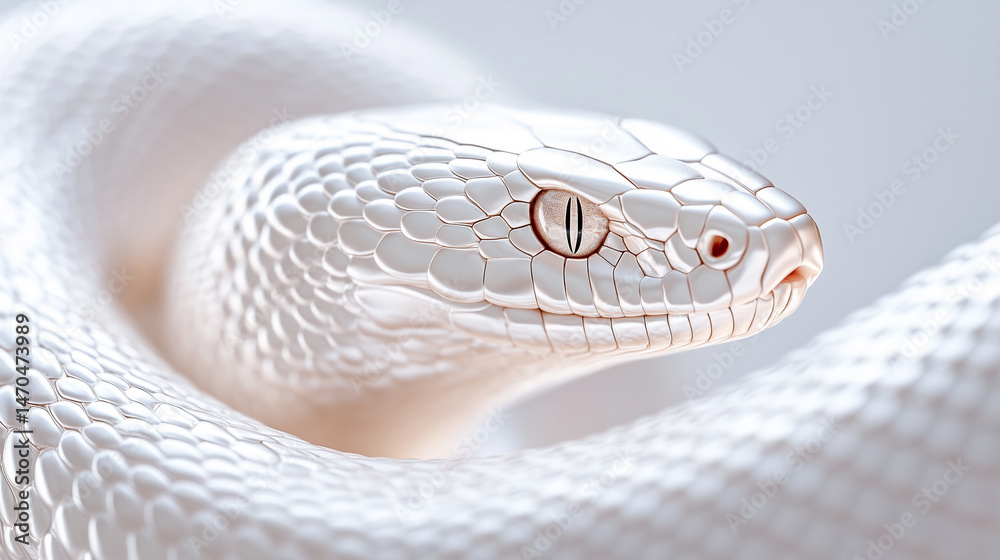 Fototapeta premium White snake coiled elegantly with intricate scales and striking red eyes, showcasing unique beauty and detail in close-up view