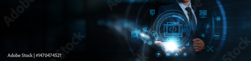 Web Development, businessman holding responsive design and coding framework icons, business and digital infrastructure network, front-end and back-end integration, user experience enhancement tools